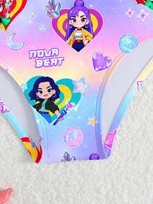 Young Girls Gradient Pink-Yellow Letter & Cartoon Character Print One-Piece Swimsuit - Multicolor - View 5