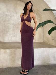 Aloruh Women's Backless Fitted Bodycon Dress, Sexy Wine Red Vacation Outfit, Suitable For Music Festival, Bohemian, Party, Ball - Burgundy - View 7