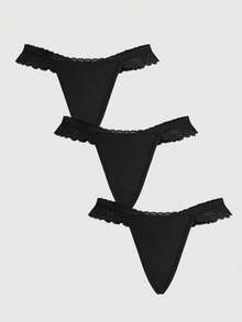 ROMWE Goth Bộ 3 chiếc quần lót dây (thong) nữ màu tối, phối ren. - màu đen - Xem 1