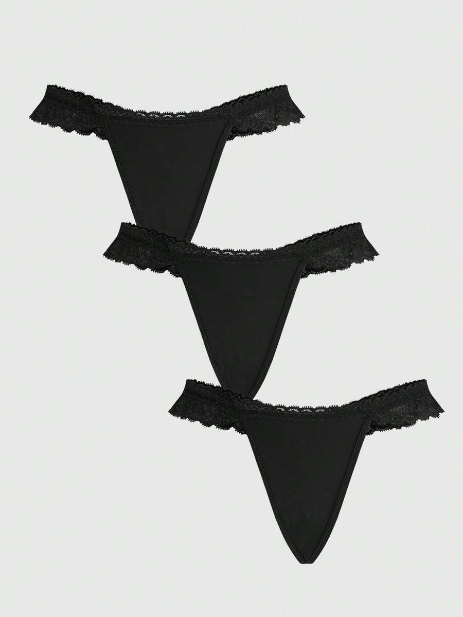 ROMWE Goth Bộ 3 chiếc quần lót dây (thong) nữ màu tối, phối ren. - màu đen - Xem 1