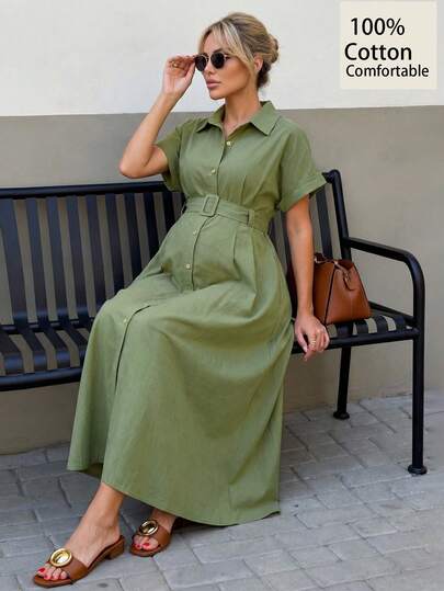 MaterniWear Summer Outfits,Maternity Work Clothes,Maternity Work Outfits,Maternity Work Dresses,Military Green Shirt-Style Maternity Dress With D-Ring Buckle Belt, Elegant For Commuting, Work, And Outings; Comfortable And Breathable Cotton Fabric. Maternity Solid Color Waist Band Front Button Casual Short Sleeve Dress Womans Maternity Dresses Pregnancy Dresses For Party Maternity Coord Set Pregnancy Dresses For Photoshoot Casual Dresses For Woman Casual Dress For Women Maternity Dress Elegant Maternity Dresses For Women Dresses For Women Casual Green Midi Dress Belted Shirtdress Button Down Dress