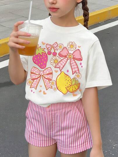 SHEIN Camiseta de manga corta de cuello redondo informal con estampado de mariposas, frutas y flores, ideal para el verano, para niñas jóvenes