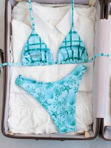 Swim Mod Áo bikini hai mặt in họa tiết kẻ caro màu xanh bạc hà, kiểu buộc dây phía trước, mẫu mới Xuân/Hè 2026, thời trang, tôn dáng, dễ thương, thanh lịch, gợi cảm, phong cách rock Y2K, thích hợp cho bãi biển, tiệc bãi biển, bóng chuyền bãi biển, lễ hội âm nhạc, hẹn hò trên bãi biển, hộp đêm. - Màu xanh Bạc hà - Xem 2