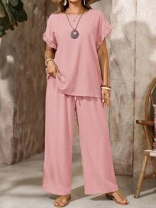 EMERY ROSE Plus Size Women's Shoulder Petal Sleeve Shirt With Ruffle Hem And Elastic Waist Pants Set,Dusty Pink,Summer,Boho,Vacation,Holiday Beach Outfit - Baby Pink - View 4