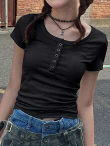Dazy Kids Teen Girl Fitted Solid Color Short Sleeve T-Shirt Summer - Black - View 5