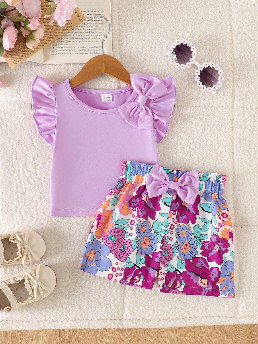 SHEIN Playful Pals 2件套女婴0-3岁春夏优雅休闲度假日常套装，蝴蝶结荷叶袖上衣+收腰印花短裤 - 橘色 - 查看 1