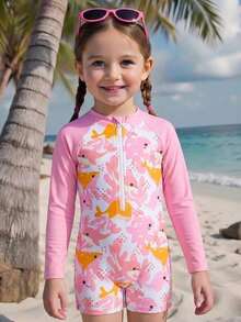 SHEIN GraphicGems Bộ đồ bơi liền thân dài tay in hình cá mập cho bé gái, thiết kế dễ thương, chống nắng, thích hợp cho mùa hè. - trái cam - Xem 3