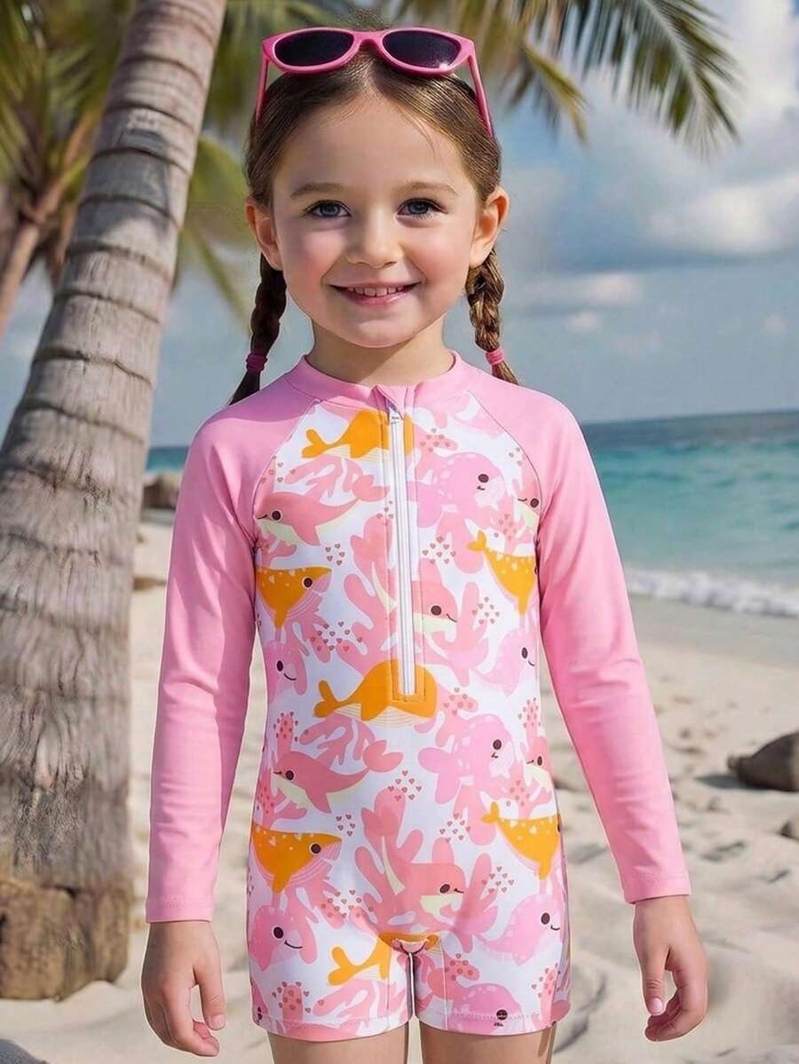 SHEIN GraphicGems 女童鲨鱼印花长袖连体泳衣,可爱设计,防晒,夏季 - 橘色 - 查看 1