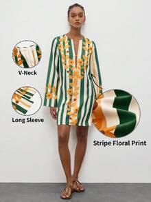 MAIJA Bohemian Holiday Striped Floral Print V-Neck Long Sleeve Mini Dress - Multicolor - View 2