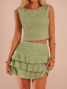 SHEIN Forever 21 Conjunto de 2 piezas de top de punto sin mangas liso y falda, moda minimalista para mujer - Verde - Ver 6