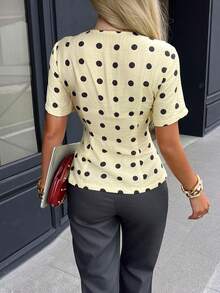 Siren Gaze Women's Black White Polka Dot Pattern Short Sleeve Single-Breasted Casual Shirt,Summer,Elegant,Vintage,Tea Party Tea Party Flattering Top - Light Yellow - View 3
