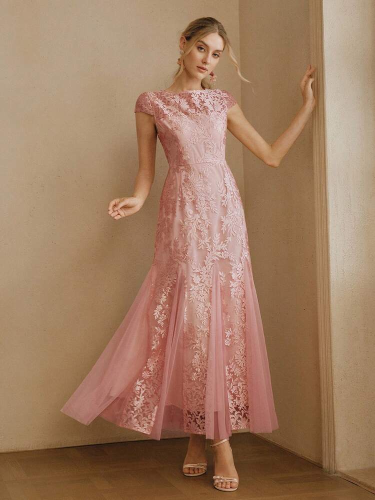 Elegant Pink Lace Floral Mesh Vacation Cocktail Party Short Sleeve Dress For Women