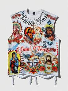 ROMWE MEN 2026 Spring/Summer/Autumn Unisex Casual Loose Fit Sleeveless Graphic Print Tank Top, Street Style European And American Fashion - White - View 1