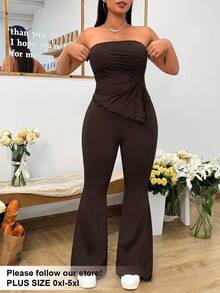 Solflare 2 piezas Conjunto de top corto y jeans acampanados talla grande en color marrón, conjunto de primavera/verano para mujer - Café integral - Ver 6