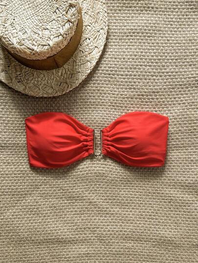 Swim Chiccia Women's Solid Color Strapless Metal Decor Bikini Top, Beach Summer Outfit