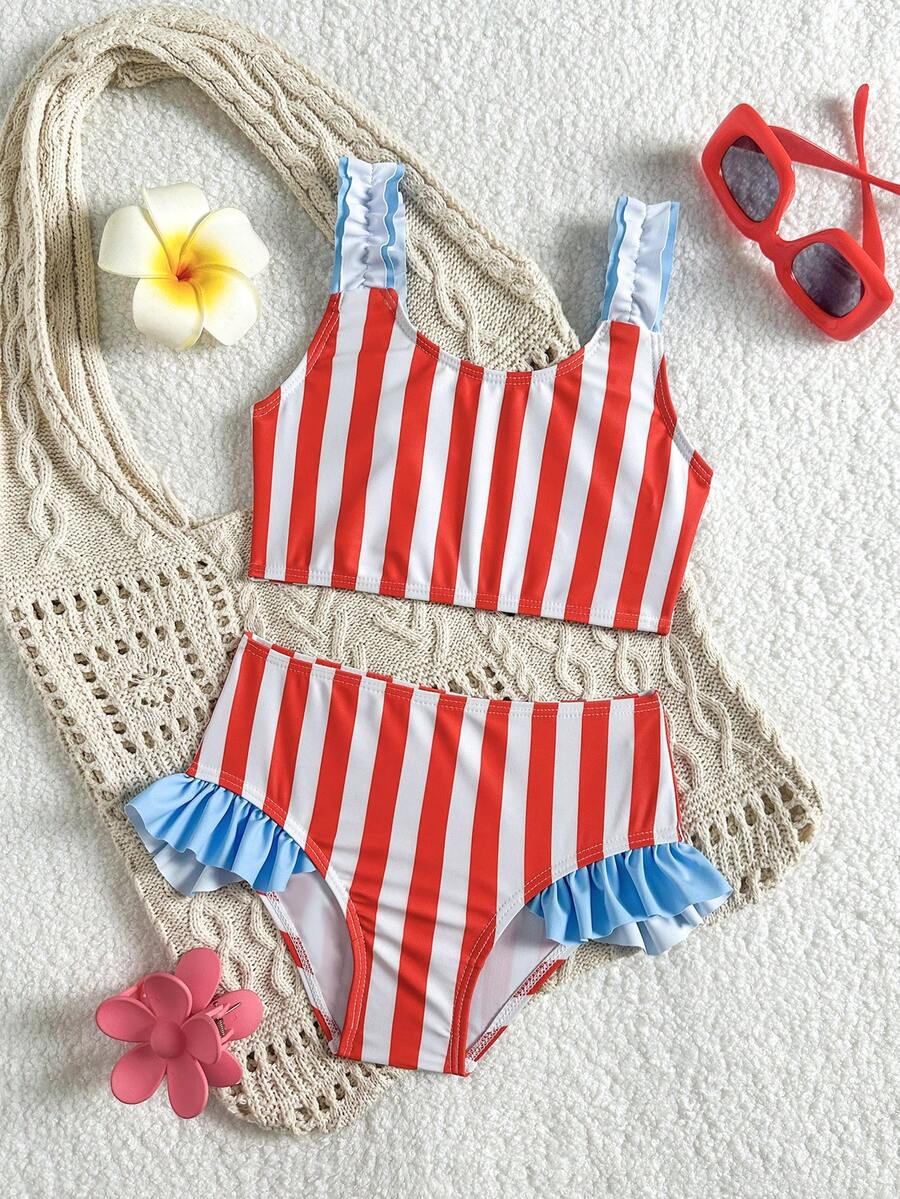 Souflis Souflis 2pcs/Set Young Girl' Red Simple Striped Comfortable Knit Ruffle Swimwear,Bikini Sets For Summer,Beach,Family Vacation,Independence Day Bathing Suit - Multicolor - View 1