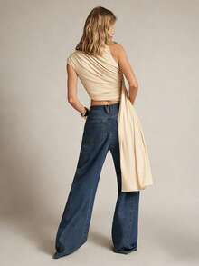 Hauture Asymmetric Ruched Sleeveless Round Neck Side Ribbon Decor Women Top - Apricot - View 4