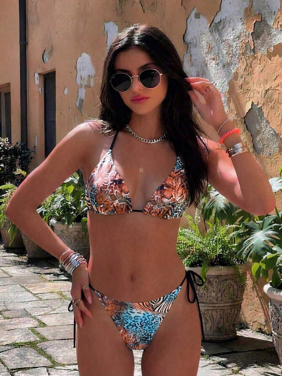 Swim Vcay 2026春夏两件套女士性感豹纹吊带露背侧系带比基尼套装 - 彩色 - 查看 1