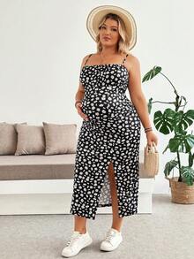 Plussiva Plus Size Maternity Floral Print High Slit Sleeveless Dress - Black - View 6