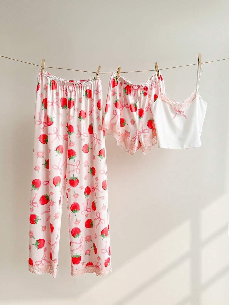 SHEIN 3pcs Set Piyama Wanita Camisole Renda Motif Stroberi Manis - MultiWarna - View 1