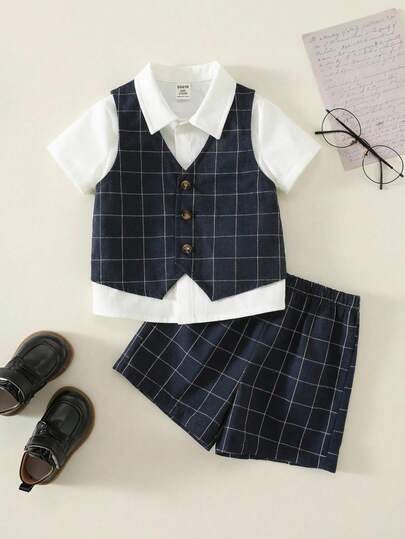 SHEIN 2件套男/女婴休闲格子背心短裤套装，适合生日派对、晚宴、演出、婚礼、迎婴派对、一周岁生日庆祝活动。