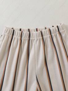 SHEIN 2pcs Young BoyTextured Stripe Knit Shirt And Shorts Set - Apricot - View 4