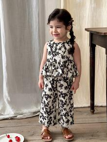 SHEIN LMoss Kids 2件套女婴碎花无袖上衣和宽松休闲裤套装 - 彩色 - 查看 3