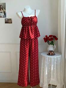 Tween Girls Polka Dot Print Vest And Pants Set - Red - View 3