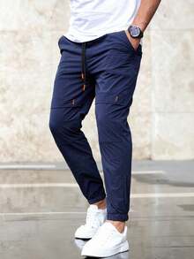 Manfinity Homme 男士抽绳腰裤长款休闲裤纯色海军蓝外出裤，秋季 - 藏蓝色 - 查看 3