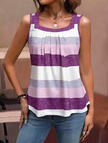 EMERY ROSE Camiseta de tirantes de mujer talla grande con diseño de rayas y parches, uso diario minimalista - Multicolor - Ver 4
