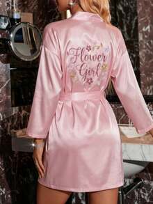 Camisón largo de satén rosa con estampado floral de manga larga y cintura con lazo para niñas, ropa de dormir - Rosa - Ver 4