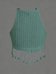SHEIN LUNE Plus Size Off-Shoulder Tassel Cropped Camisole - Green - View 2