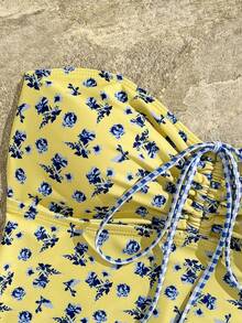 Bộ bikini hai mảnh họa tiết hoa mùa hè mới của Swim Vcay, quần bikini kẻ caro màu anh đào ngọt ngào, đồ bơi thoải mái cho kỳ nghỉ, đám cưới và sự kiện, đồ bơi hoa, đồ bơi hoa dâm bụt, ngày Valentine. - Vàng nhạt - Xem 4