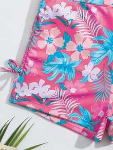 Teen Girl Tropical Plant Print Criss-Cross Design Tankini Swimwear Set, Casual Resort Wear - Pink - View 2