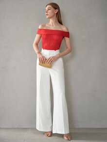 MOTF Petite WOMEN'S FASHIONABLE MINIMALIST WAIST PRESS CREASE DETAIL WHITE WIDE LEG PANTS SUIT TROUSERS - White - View 5