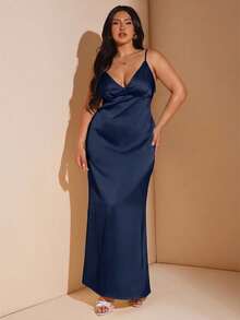 SHEIN BAE Maxikleid aus Satin mit V-Ausschnitt und rückenfreiem Design für Damen in Große Größen, Gelb, geeignet für Urlaub, Musikfestivals, Geburtstage, Brunch, Hochzeitsgäste, elegante Partykleider für Frauen, Herbstmode für Frauen, Schulkleidung, Y2K-Mode, Landoutfits für Frauen, Vintage-Kleidung für Frauen, Festivaloutfits für Frauen, Hochzeitsgastkleid für Kurven, Sommeroutfits für Frauen, Abendkleider für Frauen, Geburtstagsoutfits für Frauen, Satin-Kleid in Buttergelb für Große Größen, Satin-Abendkleid für Große Größen, langes Satin-Kleid - marineblau - Übersicht 3