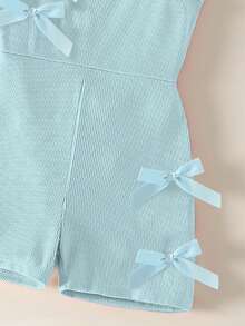 Girls' Casual Fashionable Daily Wear Sleeveless High Waist Short Jumpsuit With Cute Bow Design - Blue - View 7