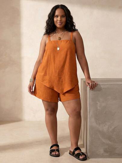  Conjunto de Camiseta e Shorts Co-Ord Curve Semelhante a Linho da ELLERISSA para Mulheres, Conjunto de 2 Peças com Bainha Assimétrica Laranja Queimado Sem Mangas, Uso Casual de Férias, Uso Diário, Conjuntos Plus Size para Mulheres, Roupa de Resort, Conjunto de Camiseta Semelhante a Linho, Looks de Verão