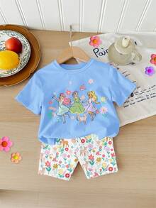 Série bleue, tourbillonnez dans le printemps, princesse douce et mignonne, bohème floral, imprimé, floral, ensemble décontracté pour fille, t-shirt à manches courtes col rond ample et doux, short de cyclisme ajusté. Convient pour le printemps/été, la maison, les vacances, les festivals, les vibrations printanières, les vibrations estivales, les tenues printanières et estivales pour fille, confort facile, ensemble à la mode pour fille, tenue décontractée, princesse enfant, ensemble t-shirt graphique floral, ensemble printemps et été, nouveau style, détente, vibrations printanières, détente estivale - Multicolore - Voir 3