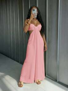 Slaydiva Women's Soft Pink Summer Casual Wide-Leg Jumpsuit,Boho Textured Camisole With Cutouts,Perfect For Beach,Holiday,Vacation,Holiday,Travel,,Parties - Pink - View 7