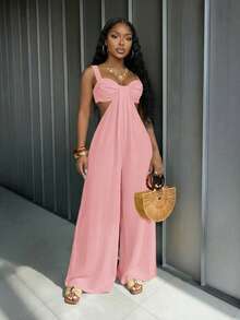 Slaydiva Women's Soft Pink Summer Casual Wide-Leg Jumpsuit,Boho Textured Camisole With Cutouts,Perfect For Beach,Holiday,Vacation,Holiday,Travel,,Parties - Pink - View 8