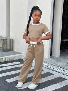 Tween Girls Knit Patchwork Crew Neck Short Sleeve Sports Set - Khaki - View 4