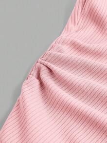 SHEIN Girlism Áo thun dệt kim tay ngắn, ôm dáng, co giãn, màu trơn, cổ chữ V, viền ren, trang trí nơ ruy băng, dành cho bé gái tuổi teen, màu hồng. - Hồng - Xem 4