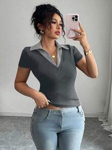 Elenzga Women's Plus Size Elegant Contrast Color Collar Splice Tight Casual Versatile Fashionable Design 2025 Spring/Summer New Short Sleeve Outdoor Top T-Shirt - Multicolor - View 1