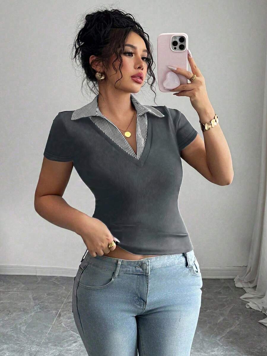 Elenzga Women's Plus Size Elegant Contrast Color Collar Splice Tight Casual Versatile Fashionable Design 2025 Spring/Summer New Short Sleeve Outdoor Top T-Shirt - Multicolor - View 1