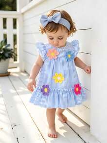 SHEIN Baby GirlColorful Striped Floral Trim Casual Cute Dress With 3D Flower Decor, Spring/Summer - Blue - View 11
