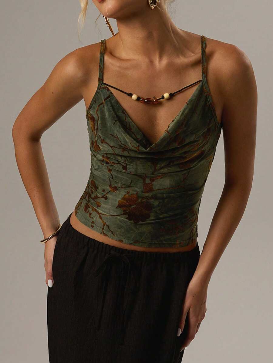 Forever 21 Women's Minimalist Slim-Fit Spaghetti Strap Camisole, Casual Daily Wear - Army Green - View 1