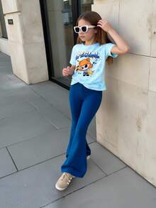 SHEIN 2pcs/Set Girls Casual Daily Blue Short Sleeve Bow T-Shirt And Blue Bell-Bottom Pants, Cute And Lively Summer Outfit - Blue - View 1