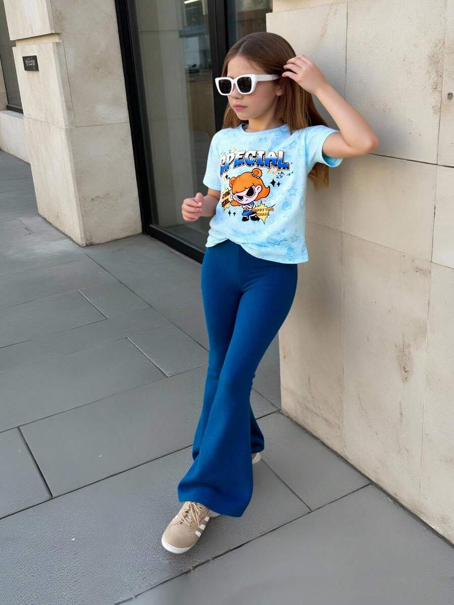 SHEIN 2pcs/Set Girls Casual Daily Blue Short Sleeve Bow T-Shirt And Blue Bell-Bottom Pants, Cute And Lively Summer Outfit - Blue - View 1