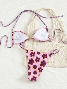 Swim Mod Conjunto de bikini con tanga y escote halter con estampado de flores y cuadrícula, con perlas, para damas en primavera/verano, ideal para festivales de música en la playa - Multicolor - Ver 2